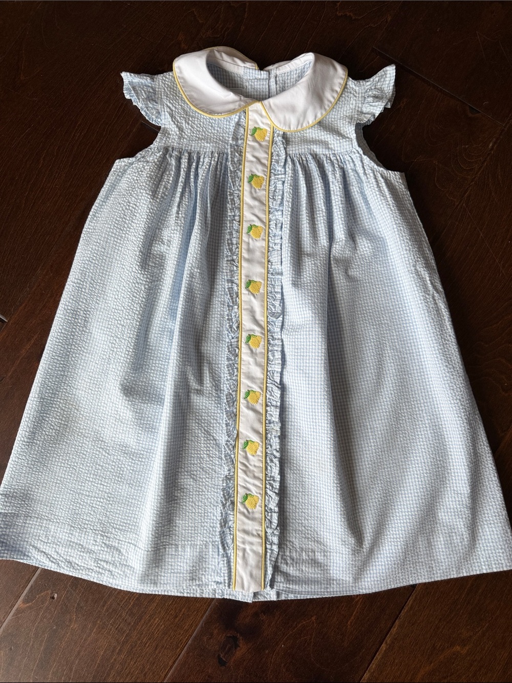 LITTLE ENGLISH: Light Blue Seersucker Dress with Yellow Lemon Trim